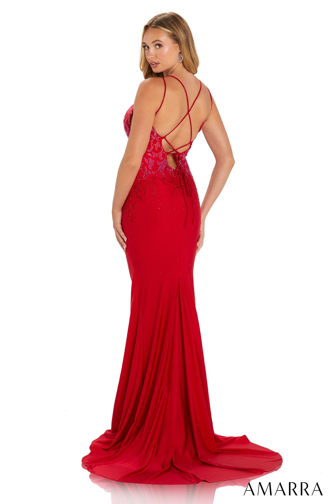 Amarra 20019 Long Fitted Backless Prom Dress Embellished V Neck Slit corset.  When it comes to prom night, it’s all in the details. Style 20019 features a plunging neckline embellished with beautiful accents. A slit skirt and lace up back add a spicy touch to an elegant gown.