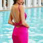 Amarra 87118 Short fitted Rhinestone Embellished Formal Cocktail Dress Backless Bow Fitted rhinestone jersey gown with a v-neck and an open back with a bow.  Available Sizes: 00-12  Available Colors: Black, Bright Fuchsia, Emerald, Light Blue, Neon Orange, Purple, Red