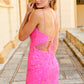 Amarra 87137 is a Short Fitted Sequin embellished Formal Lace Cocktail Dress with an Open Back lace up Corset and Features a slit with hand beaded Fringe accents! Great  Homecoming Gown!  Available Sizes: 00-12  Available Colors: Neon Pink, Black