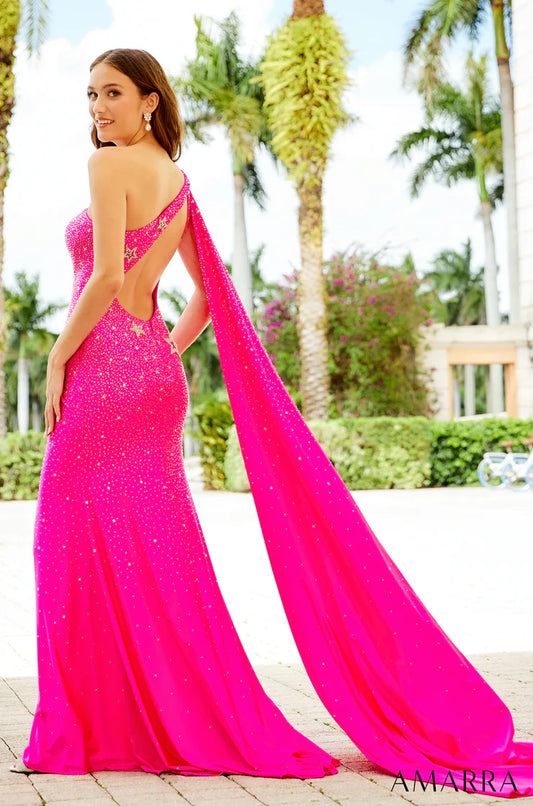 Amarra 87153 size 8 Bright Fuchsia Long Fitted one Shoulder Formal Prom Dress Pageant Slit Cape Backless