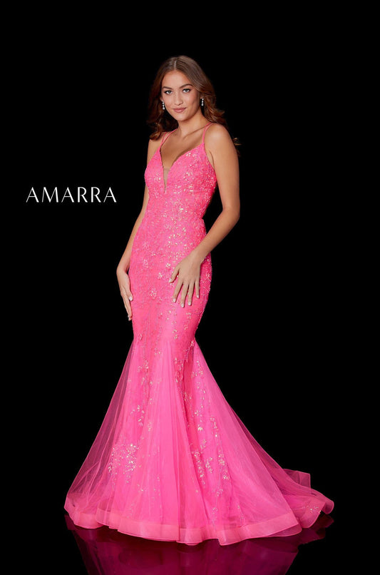 Amarra 87238 Long Fitted Sequin Lace Mermaid Prom Dress Pageant Gown Backless   Available Sizes: 00-16  Available Colors: Ice Blue, Ivory/Multi, Lilac, Neon Pink, Red, Royal Blue
