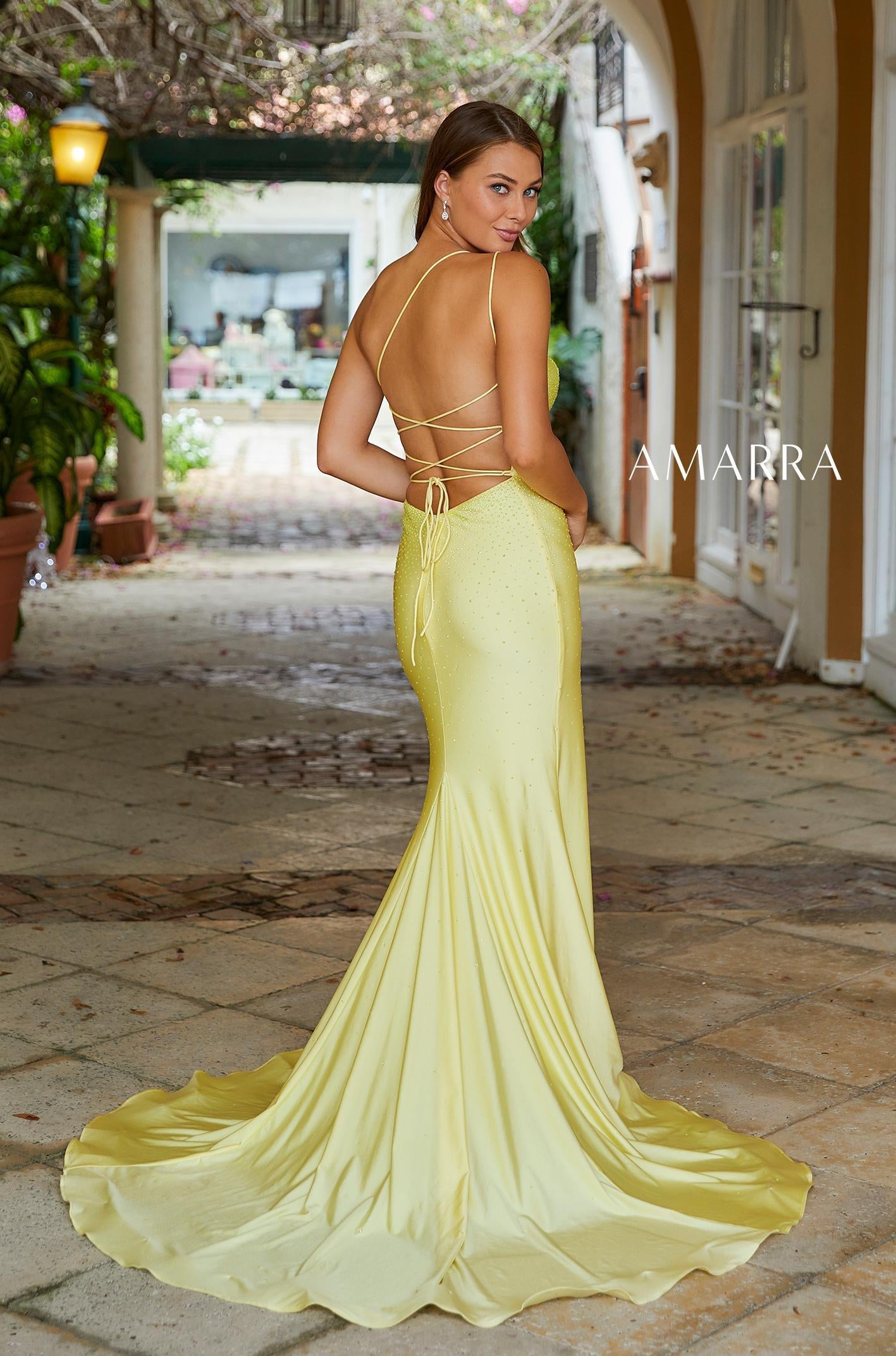 Amarra 87261 Long Fitted Mermaid Slit One Shoulder Prom Dress Backless Pageant  Available Sizes: 00-16  Available Colors: Light Blue, Light Pink, Light Yellow, Lilac