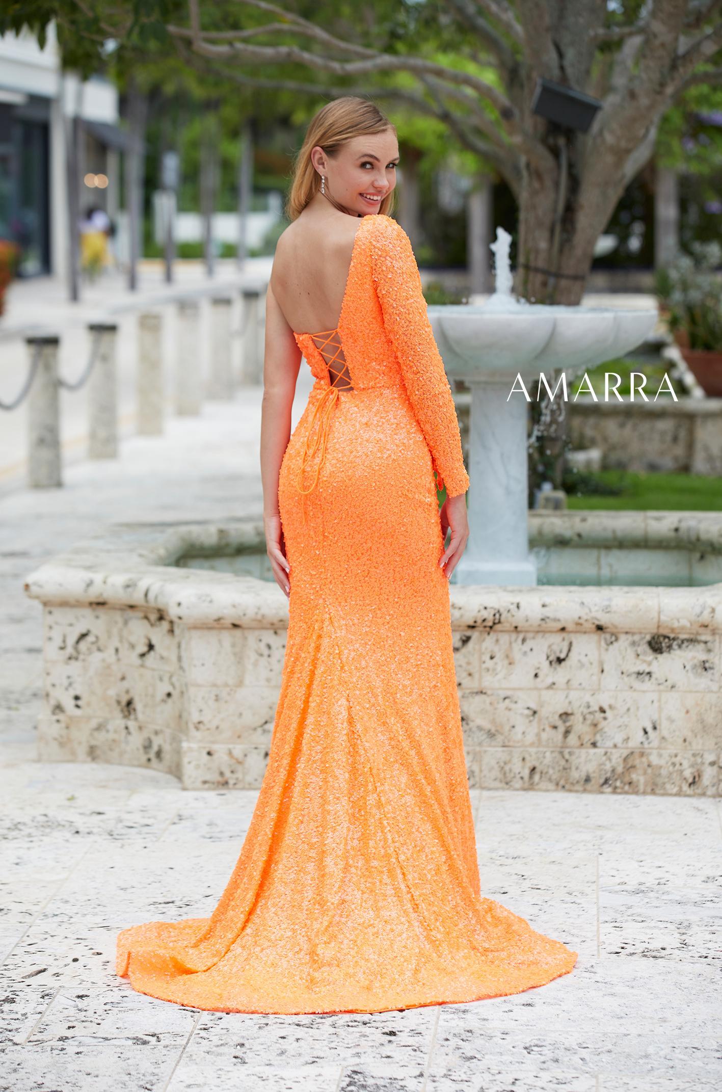 Amarra 87262 Long Fitted Sequin One Shoulder Long Sleeve Prom Dress Slit  Available Sizes: 00-16  Available Colors: Neon Blue, Neon Green, Neon Orange, Neon Pink