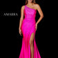 Amarra 87306 Long Fitted Jersey One Shoulder Crystal Embellished Dress Slit Prom Pageant Fitted one shoulder rhinestone jersey gown featuring a high leg slit, low lace-up back, and sweep train.  Available Sizes: 00-16  Available Colors: Bright Fuchsia, Green, Turquoise