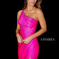 Amarra 87306 Long Fitted Jersey One Shoulder Crystal Embellished Dress Slit Prom Pageant Fitted one shoulder rhinestone jersey gown featuring a high leg slit, low lace-up back, and sweep train.  Available Sizes: 00-16  Available Colors: Bright Fuchsia, Green, Turquoise