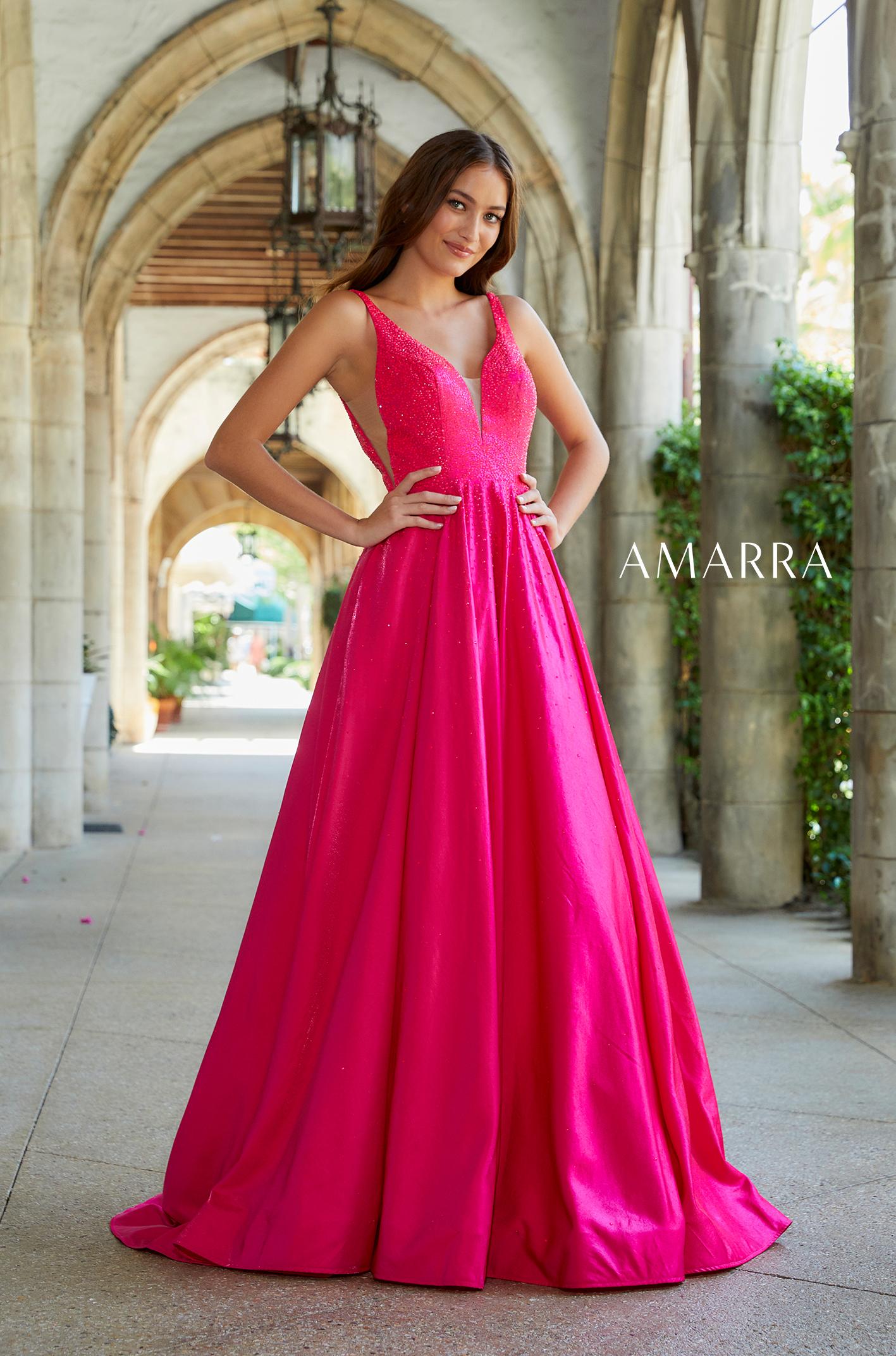 Amarra 87309 Long A Line V Neck Prom Dress Pockets Backless Formal Ball Gown Rhinestone ball gown featuring a V-neckline, side panels, open back, and sweep train. Satin  Available Sizes: 00-16  Available Colors: Bright Fuchsia, Purple, Turquoise