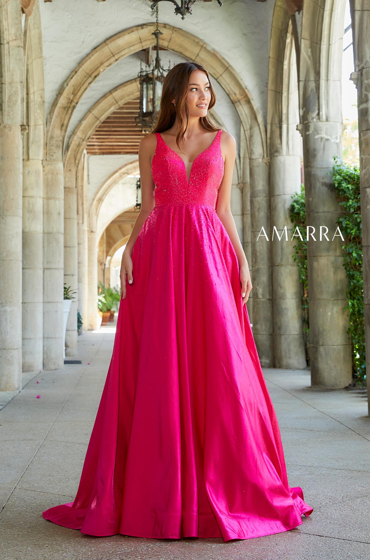 Amarra 87309 Long A Line V Neck Prom Dress Pockets Backless Formal Ball Gown Rhinestone ball gown featuring a V-neckline, side panels, open back, and sweep train. Satin  Available Sizes: 00-16  Available Colors: Bright Fuchsia, Purple, Turquoise