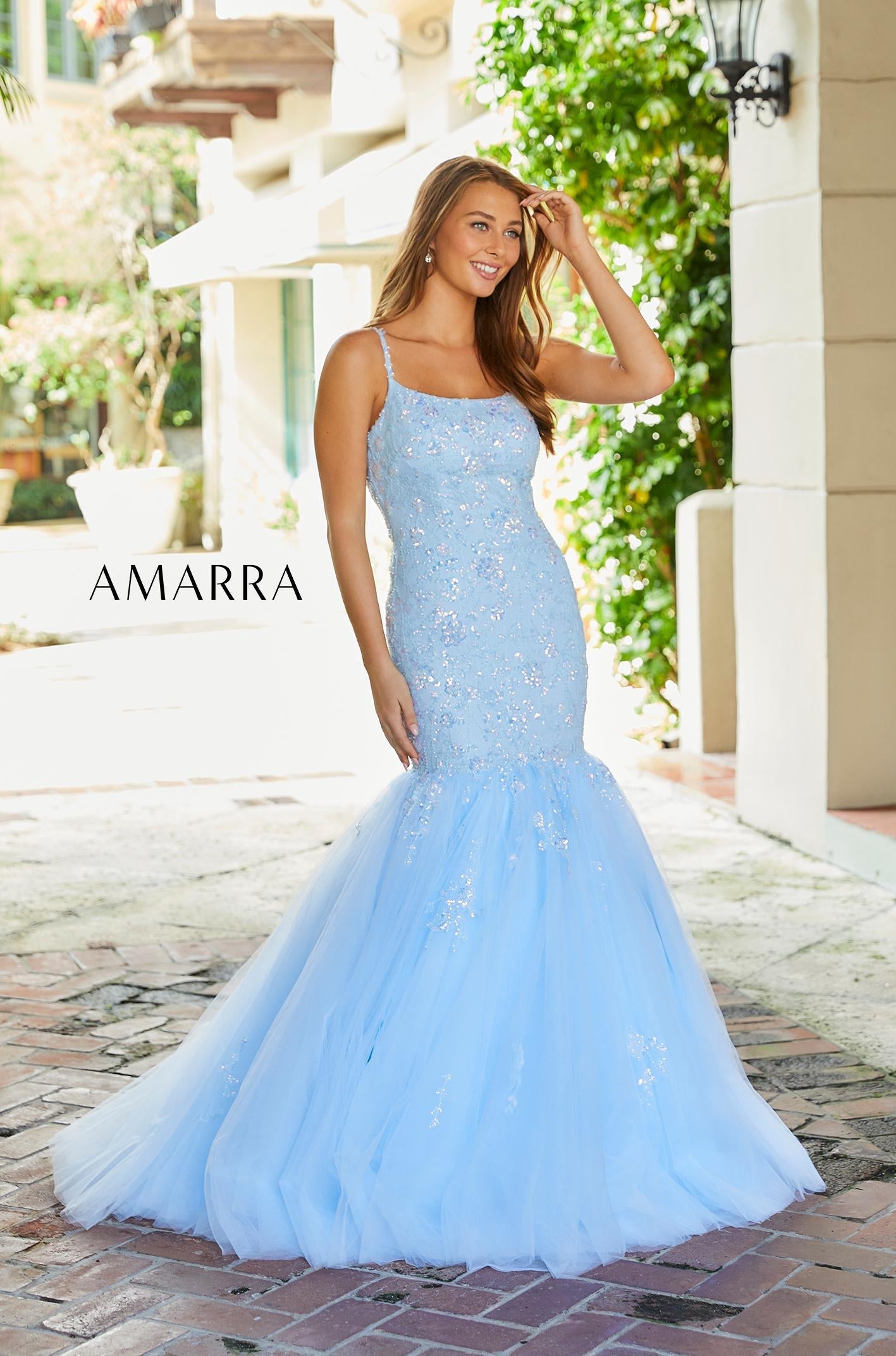 Amarra 87339 Sequin Embellished Tulle Mermaid Prom Dress Backless Corset Lace Gown extreme tulle trumpet skirt with sweeping train.   Available Sizes: 00-16  Available Colors: Light Blue, Lilac, Neon Pink
