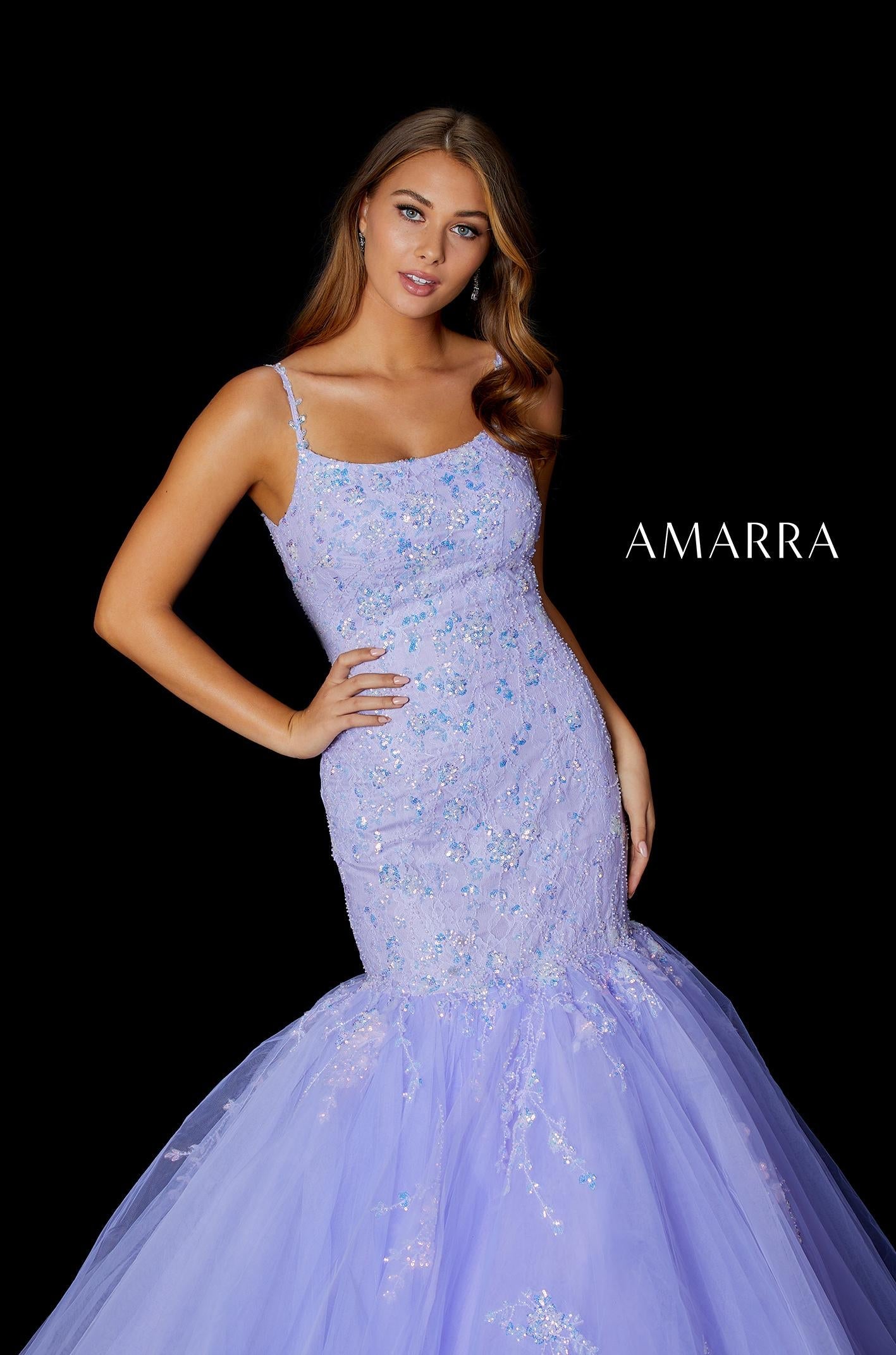 Amarra 87339 Sequin Embellished Tulle Mermaid Prom Dress Backless Corset Lace Gown extreme tulle trumpet skirt with sweeping train.   Available Sizes: 00-16  Available Colors: Light Blue, Lilac, Neon Pink