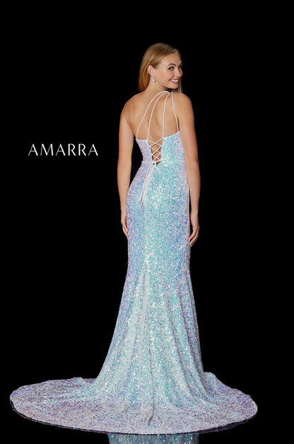 Amarra 87241 One Shoulder Sequin High Slit Open Corset Back Prom Dress Pageant Fitted one shoulder sequin gown featuring crystal beading on the straps, high leg slit, cut-out criss-cross back, and a sweep train.  Available Sizes: 00-16  Available Colors: Cotton Candy, Soft Pink