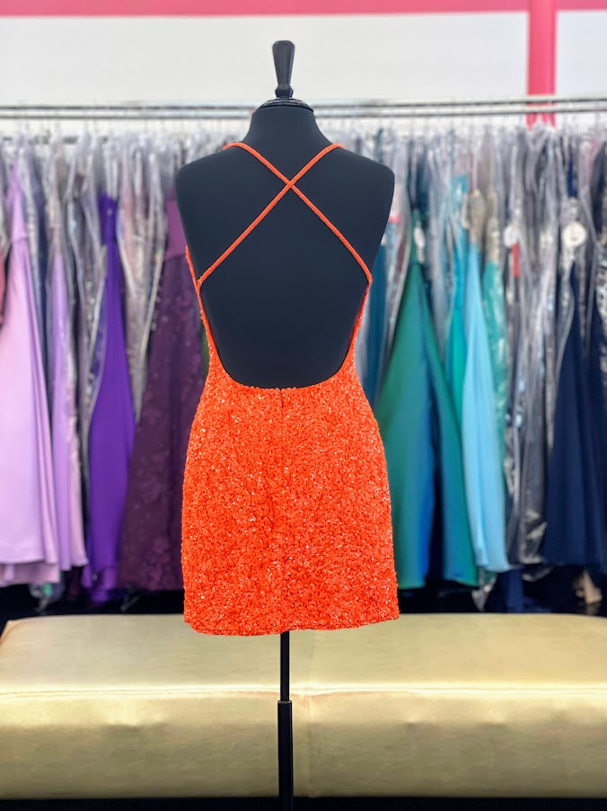 Amarra 87427 Size 10 Neon Orange Short Fitted Sequin Backless Homecoming Dress Formal Cocktail Dress Amarra 87427 Size 10 Neon Orange Short Fitted Sequin Backless Homecoming Dress Formal Cocktail Dress