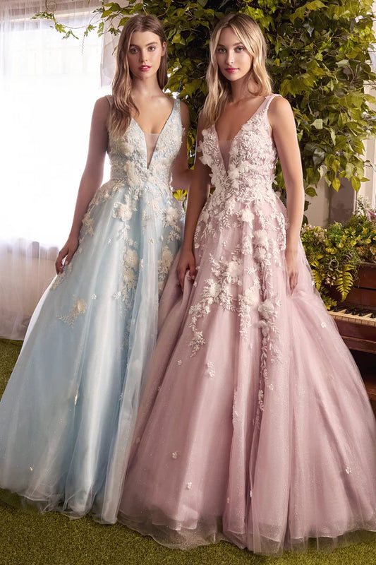 Andrea and Leo GARDENIA Dress A1028 Floral 3D Lace Prom Dress A line.  Gardenia gown is a layered tulle ball gown with floral diamond glitter motif trickling down the gown. 3D organza flowers add couture depth to the garment, while the pastel tone of the dress provides soft backdrop to the floral shimmer. The bodice features a illusion V-neckline with sheer side with deep V-back. The skirt is A-line shape with crinoline to support the