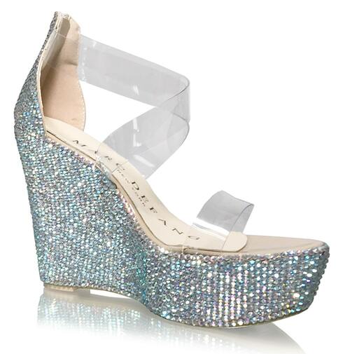 Marc Defang ANGELINA AB CRYSTAL Pageant Platform wedge heel prom shoe  DESCRIPTION Featured crystals: AB Crystals 5.5" heels, 1.75" platforms Clear toe strap featured, straps are structured comfortably to fit the feet silhouette. Medium Width, Strappy wedges Light weight, performs amazingly well on stage and runway. Size runs true to size based on US standard Regular Fit.  Available Sizes: 5.5, 6, 6.5, 7, 7.5, 8, 8.5, 9, 9.5, 10, 11 (Average 30 days before Arrival - custom made)