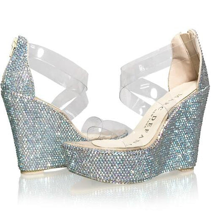 Marc Defang ANGELINA AB CRYSTAL Pageant Platform wedge heel prom shoe  DESCRIPTION Featured crystals: AB Crystals 5.5" heels, 1.75" platforms Clear toe strap featured, straps are structured comfortably to fit the feet silhouette. Medium Width, Strappy wedges Light weight, performs amazingly well on stage and runway. Size runs true to size based on US standard Regular Fit.  Available Sizes: 5.5, 6, 6.5, 7, 7.5, 8, 8.5, 9, 9.5, 10, 11 (Average 30 days before Arrival - custom made)
