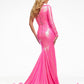 Ashley-Lauren-11026-neon-pink-prom-dress-back-one-long-sleeve-sequin-slit-long-train