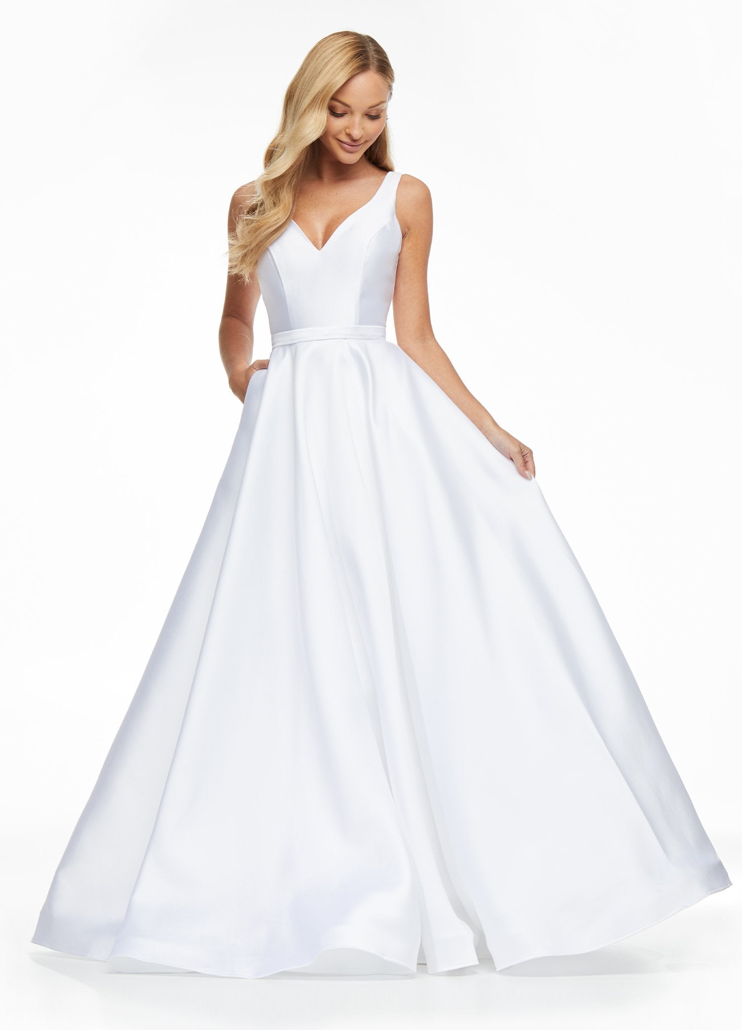 Ashley Lauren 11094 Size 12 White Prom Dress A Line Mikado Satin V Neckline Wide Straps Ashley Lauren 11094 Size 12 White Prom Dress A Line Mikado Satin V Neckline Wide Straps