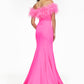 Ashley Lauren 11099 Feather Trimmed Prom Dress.  This elegant and fun prom dress is also excellent for pageants or other formal evening events.  It has an off the shoulder feather neckline that wraps all the way across your arms and to the back.  The long scuba skirt has a left leg slit and it has a train.  Colors:  Hot Pink, White, Turquoise, Hot Pink/Black  Sizes:   0, 2, 4, 6, 8, 10, 12, 14, 16