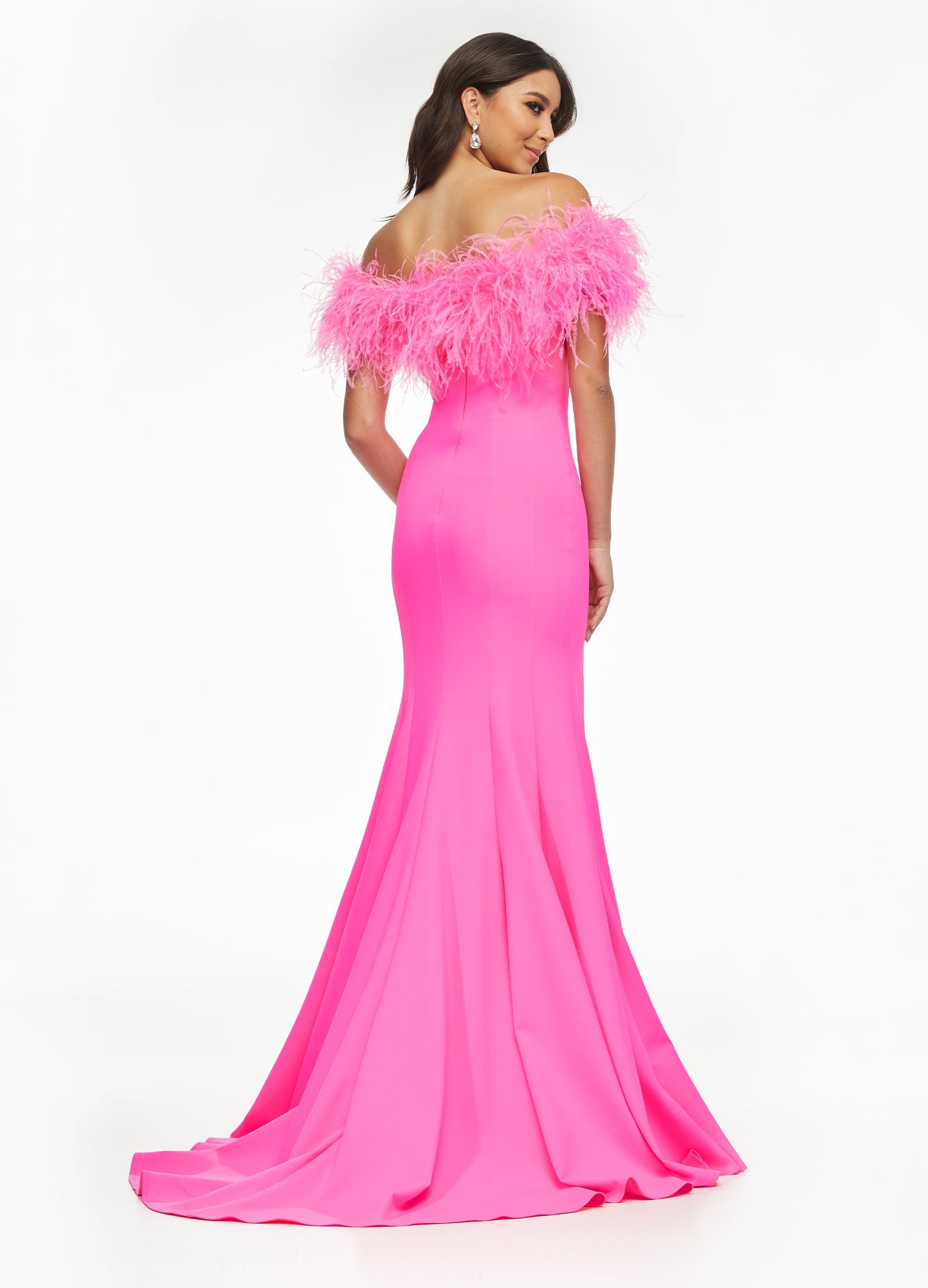 Ashley Lauren 11099 Feather Trimmed Prom Dress.  This elegant and fun prom dress is also excellent for pageants or other formal evening events.  It has an off the shoulder feather neckline that wraps all the way across your arms and to the back.  The long scuba skirt has a left leg slit and it has a train.  Colors:  Hot Pink, White, Turquoise, Hot Pink/Black  Sizes:   0, 2, 4, 6, 8, 10, 12, 14, 16