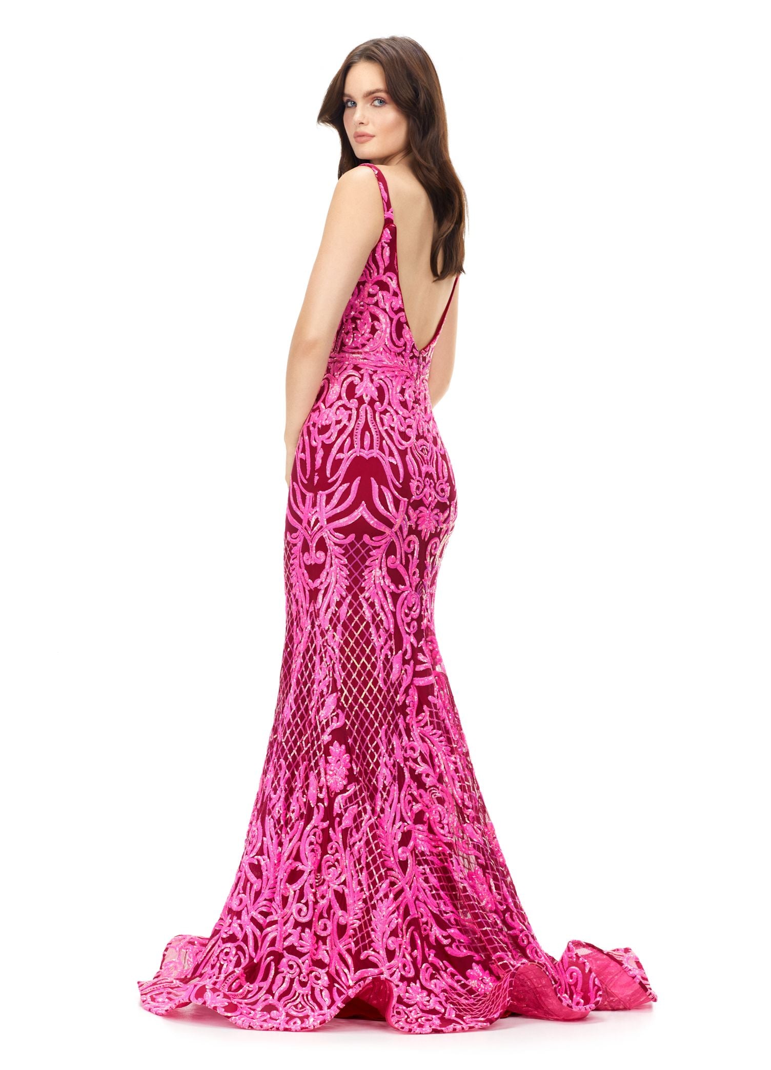 Ashley Lauren 11113 Burgundy Long Fitted Sequin Formal Prom Dress Pageant Gown V Neck Make a statement in this spaghetti strap stretch sequin gown. The bustier of the dress is accented by an illusion V-Neckline and deep V-Back. The skirt is finished with an horsehair hem.