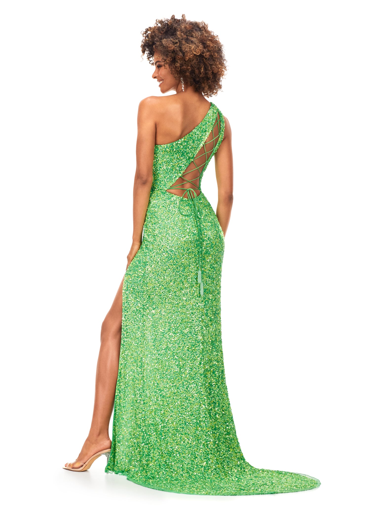 Ashley Lauren 11144 Sequin One Shoulder Prom Dress with Lace up Back Slit Tassels 16 / AB Blush/Ivory Ashley Lauren 11144 Sequin One Shoulder Prom Dress with Lace up Back Slit Tassels 16 / AB Blush/Ivory