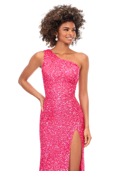 Ashley Lauren 11144 Electric Orchid Long Sequin One Shoulder Prom Dress with Lace up Back  Dazzle the night away in this one shoulder sequin gown featuring an asymmetrical lace up back and left leg slit.