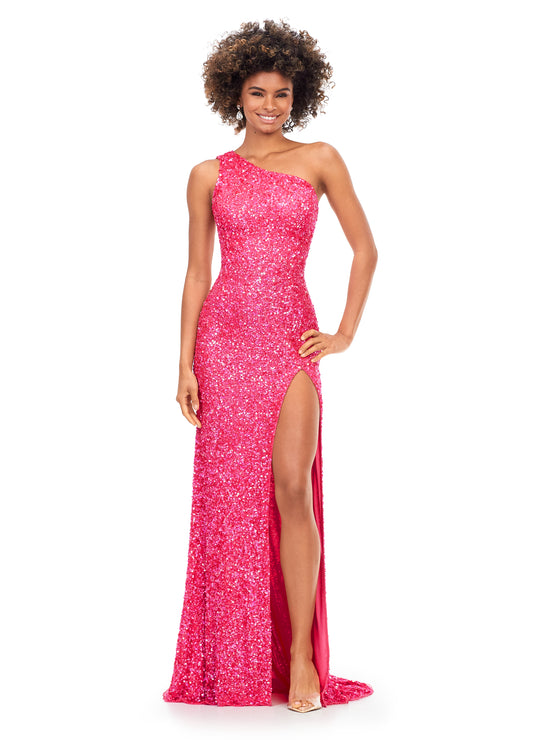 Ashley Lauren 11144 Sequin One Shoulder Prom Dress with Lace up Back  Dazzle the night away in this one shoulder sequin gown featuring an asymmetrical lace up back and left leg slit.