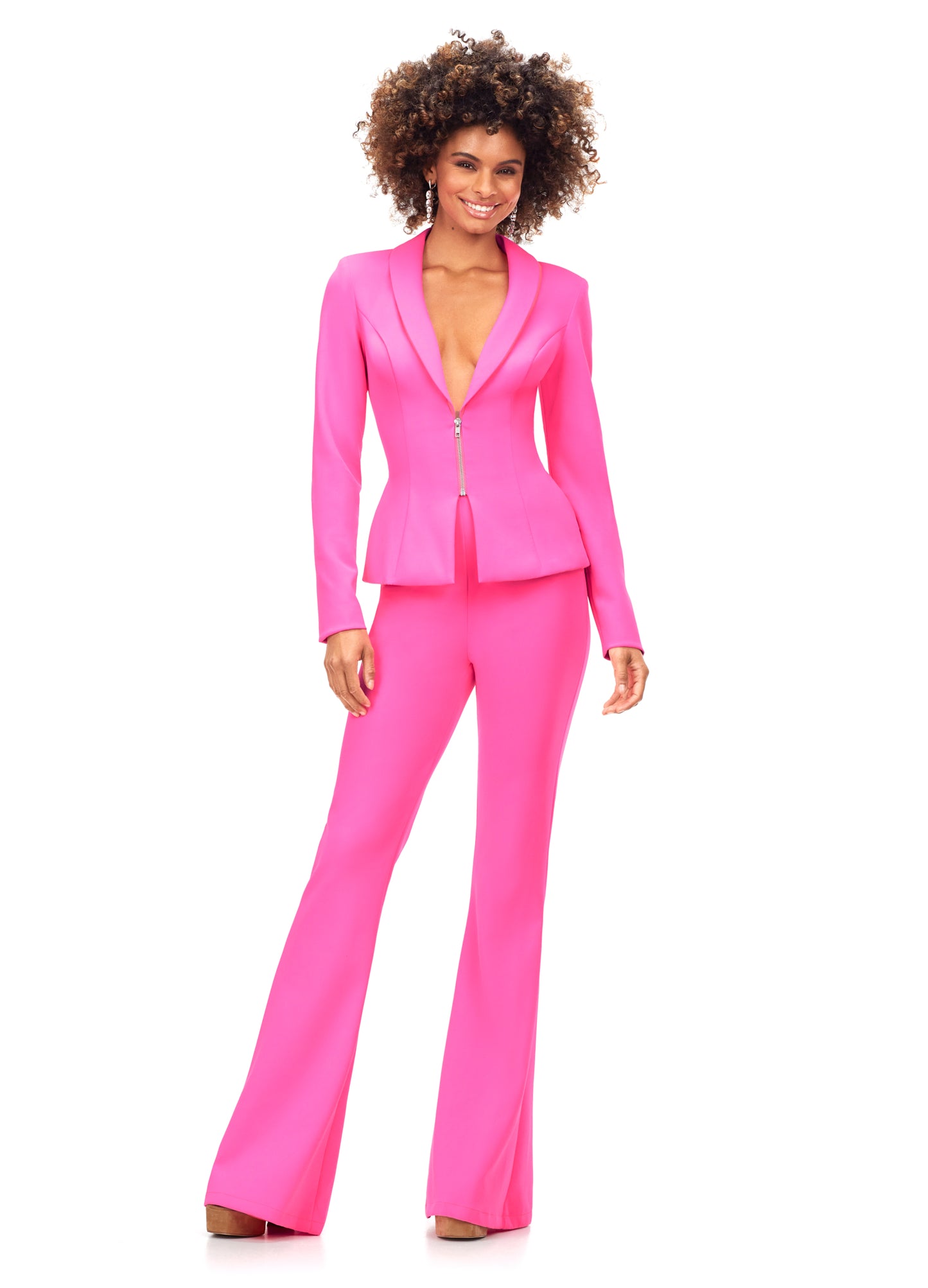 Ashley Lauren 11225 This powerful scuba pantsuit features a blazer with an exposed metal zipper. The flare pants complete the look. Two Piece Pantsuit Scuba Exposed Front Zipper Flare Pants Hot Pink