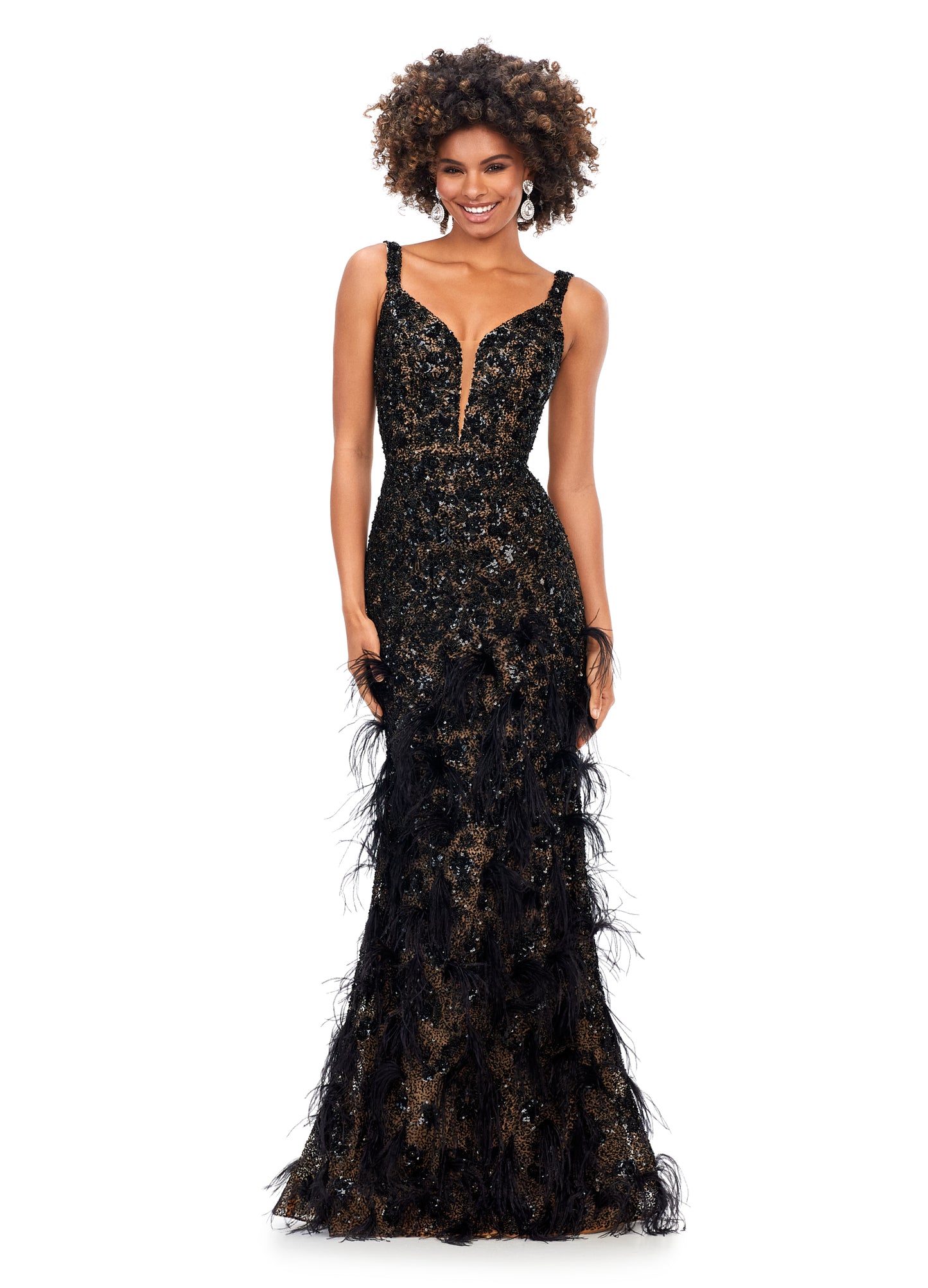 Ashley Lauren 11279 This gorgeous fitted gown features a deep illusion v-neckline and stunning beadwork throughout the entire dress. The look is complete with clusters of feathers throughout the skirt. V-Neckline Fitted Silhouette Fully Hand Beaded Feather Accents COLOR: Black