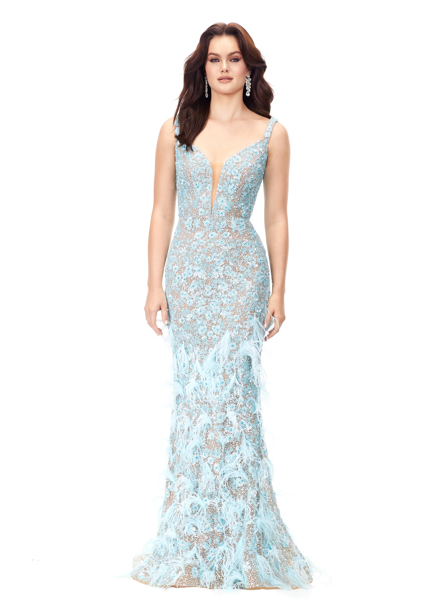 Ashley Lauren 11279 This gorgeous fitted gown features a deep illusion v-neckline and stunning beadwork throughout the entire dress. The look is complete with clusters of feathers throughout the skirt. V-Neckline Fitted Silhouette Fully Hand Beaded Feather Accents COLOR  Ice Blue