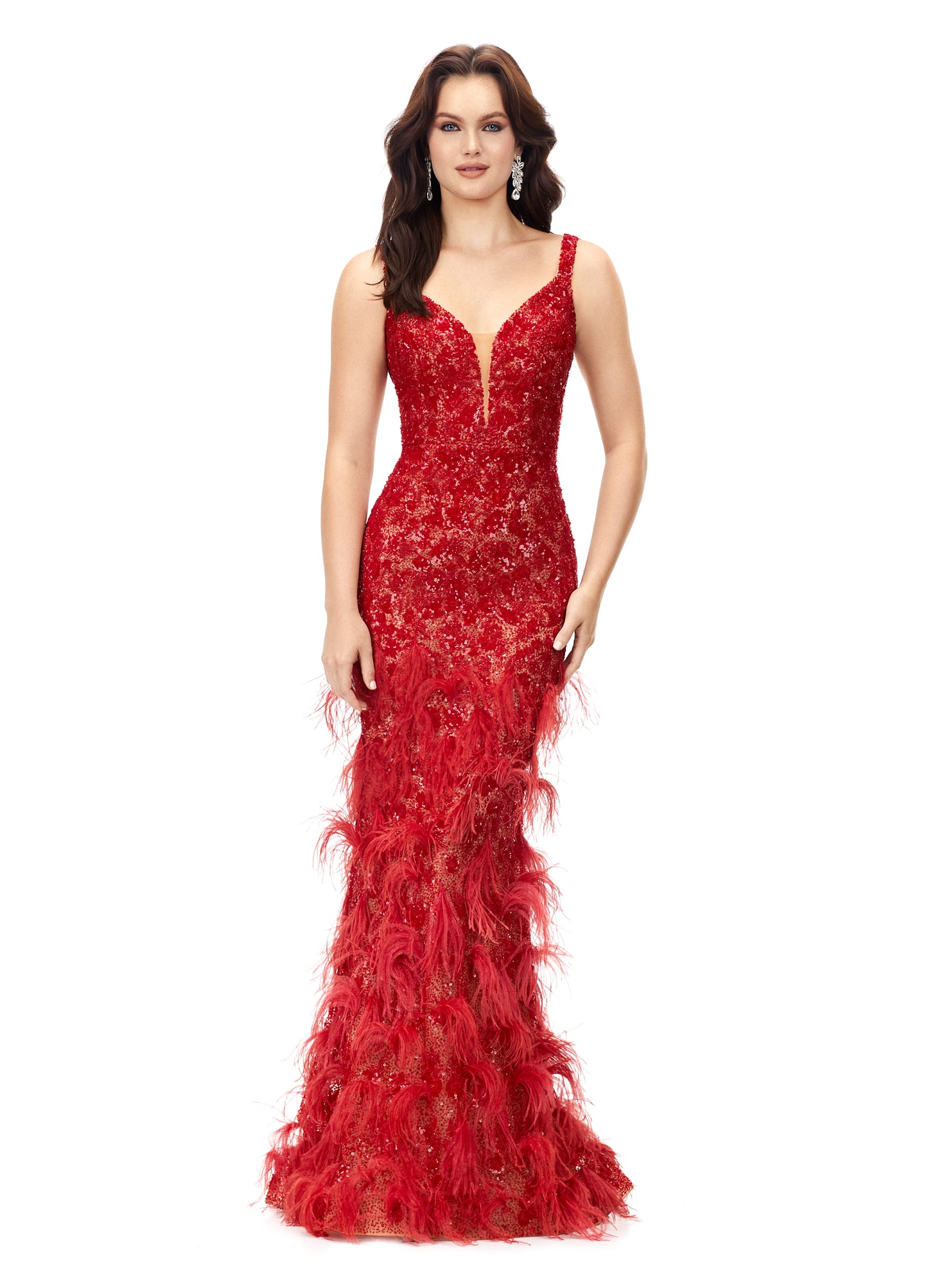 Ashley Lauren 11279 This gorgeous fitted gown features a deep illusion v-neckline and stunning beadwork throughout the entire dress. The look is complete with clusters of feathers throughout the skirt. V-Neckline Fitted Silhouette Fully Hand Beaded Feather Accents COLOR  Red