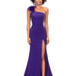 Ashley Lauren 11290 Black Orchid One Shoulder Prom Dress crystal top one shoulder with feathers Stand out in this one shoulder scuba gown. The neckline is embellished with feathers to provide a fun and flirty detail. The bodice is accented by heat set stones that cascade down on the skirt. The look is complete with a left leg slit.