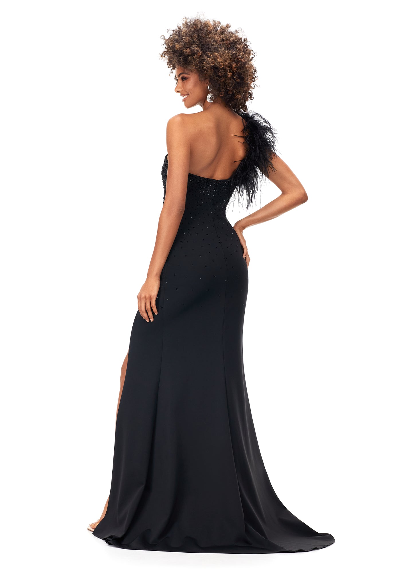 Ashley Lauren 11290 One Shoulder Prom Dress crystal top one shoulder with feathers
