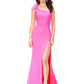 Ashley Lauren 11290 Hot Pink One Shoulder Prom Dress crystal top one shoulder with feathers Stand out in this one shoulder scuba gown. The neckline is embellished with feathers to provide a fun and flirty detail. The bodice is accented by heat set stones that cascade down on the skirt. The look is complete with a left leg slit.
