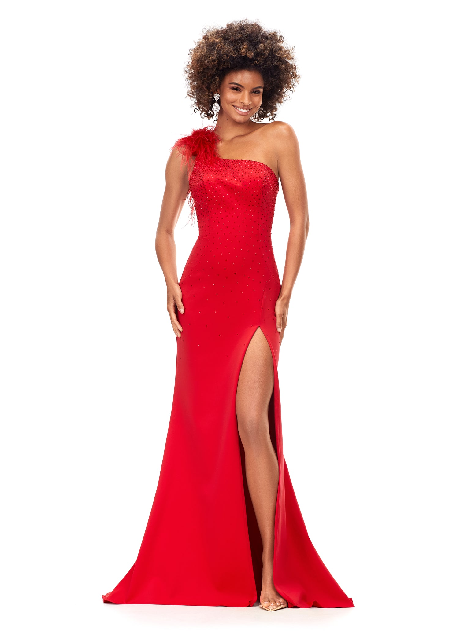 Ashley Lauren 11290 Red One Shoulder Prom Dress crystal top one shoulder with feathers  Stand out in this one shoulder scuba gown. The neckline is embellished with feathers to provide a fun and flirty detail. The bodice is accented by heat set stones that cascade down on the skirt. The look is complete with a left leg slit.