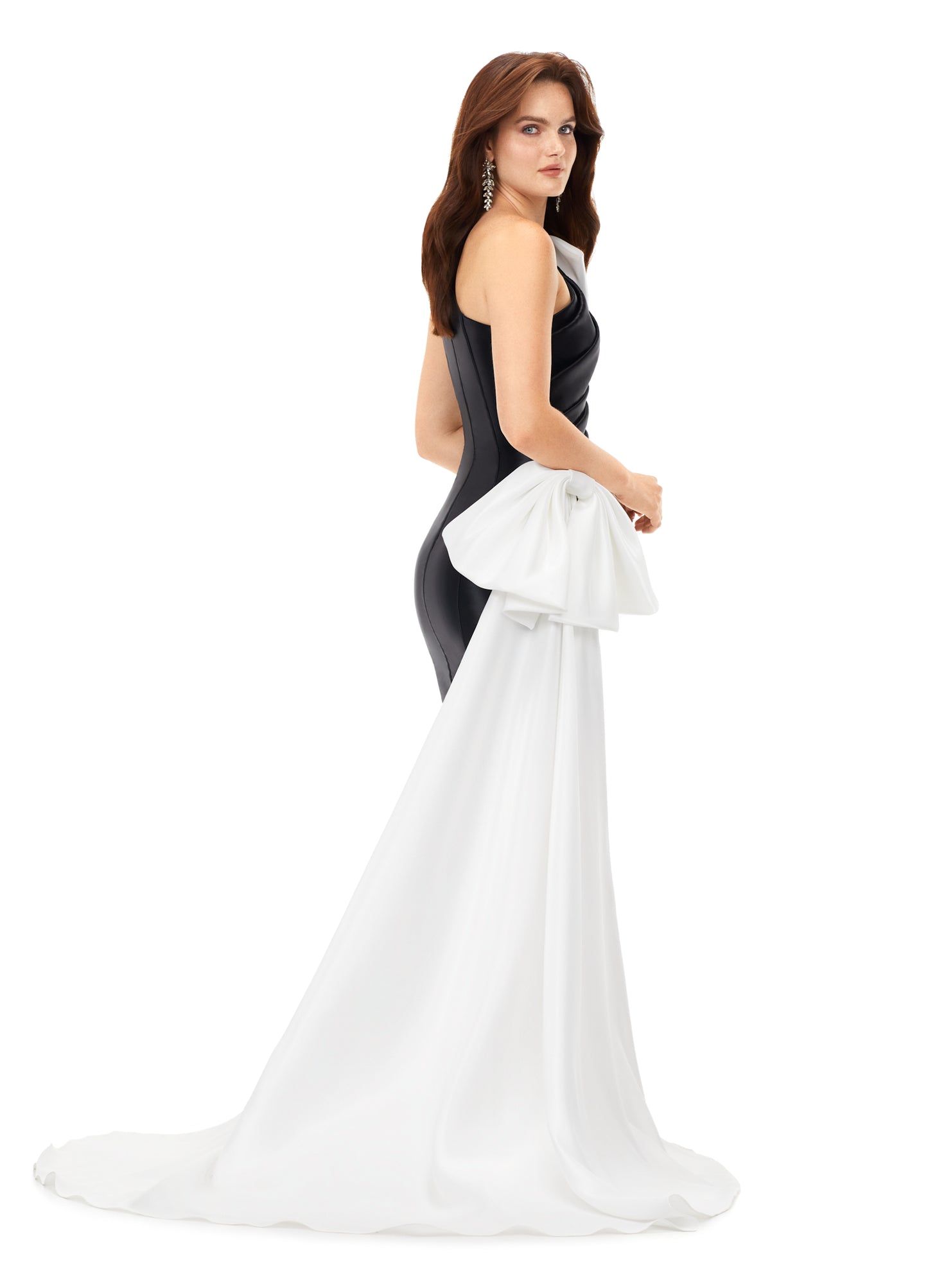 Ashley Lauren 11327 Black White Cocktail Dress This ultra chic one shoulder cocktail dress is complete with bows. The ruched bodice and fitted skirt provide the perfect silhouette. The hip is accented with an oversized bow and side skirt.