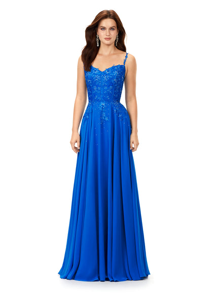 Ashley Lauren 11332 This classic chiffon prom, pageant and evening dress features a sweetheart neckline with spaghetti straps. The bustier on this dress is a corset style with lace appliques throughout. The lace appliques carry down onto the a-line skirt.