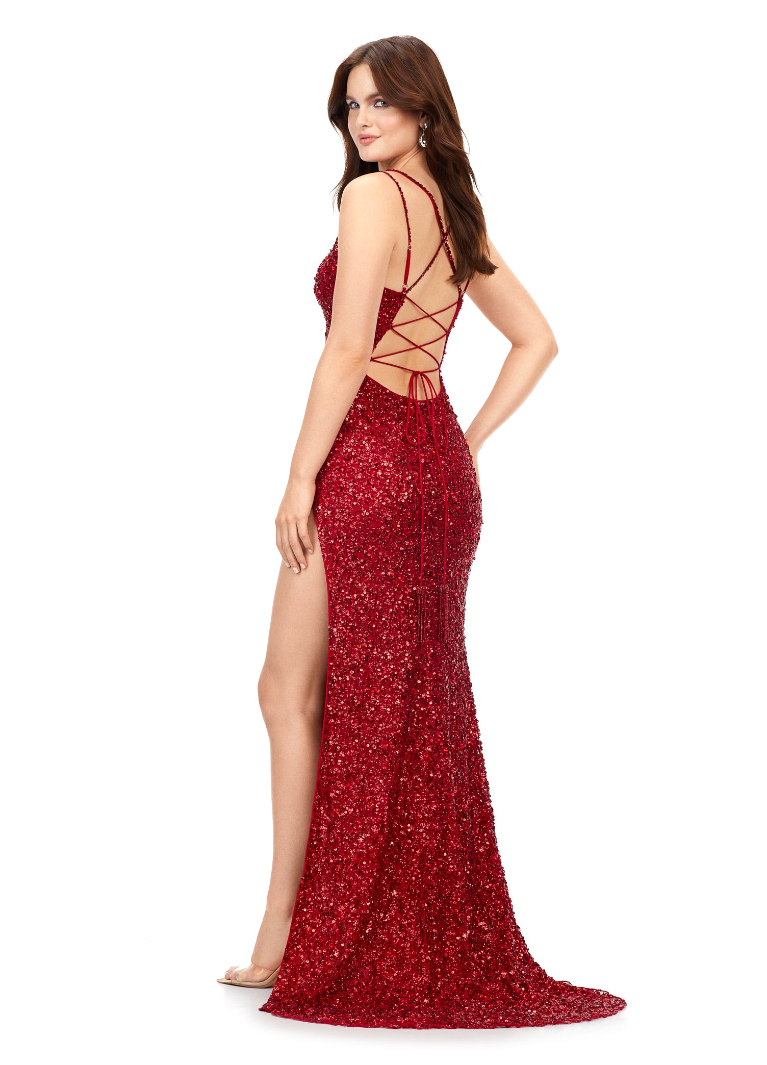 Dark Red V-Neck Tulle Spaghetti Strap Long Prom Dress with Lace