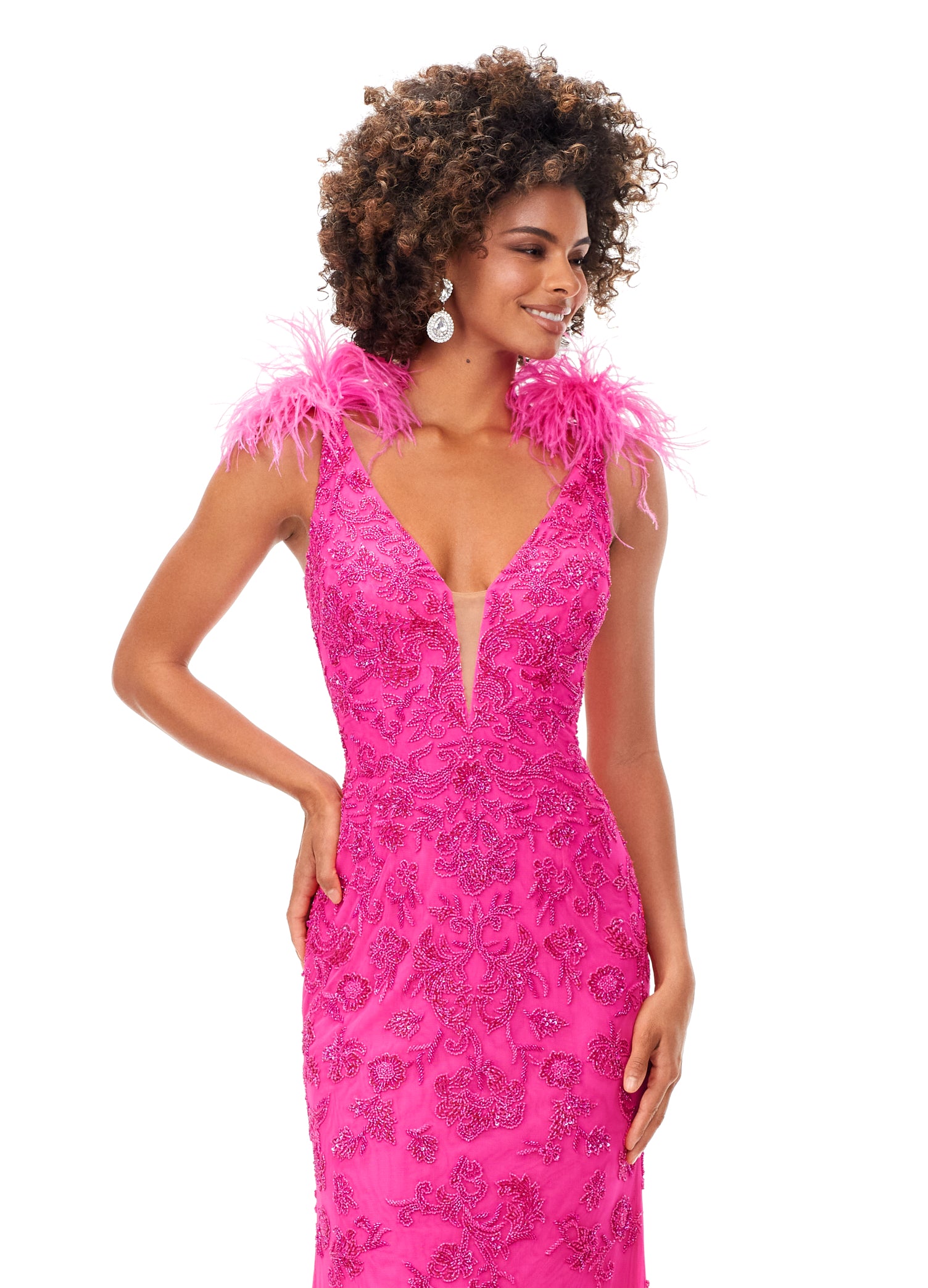 Ashley Lauren 11349 Beading and feathers! This style features a v-neckline complete with feather shoulder details. Gorgeous beading is scattered throughout the gown. V-Neckline Feather Shoulders V-Back Sweep Train COLORS: Hot Pink, Ivory, Sky, Black