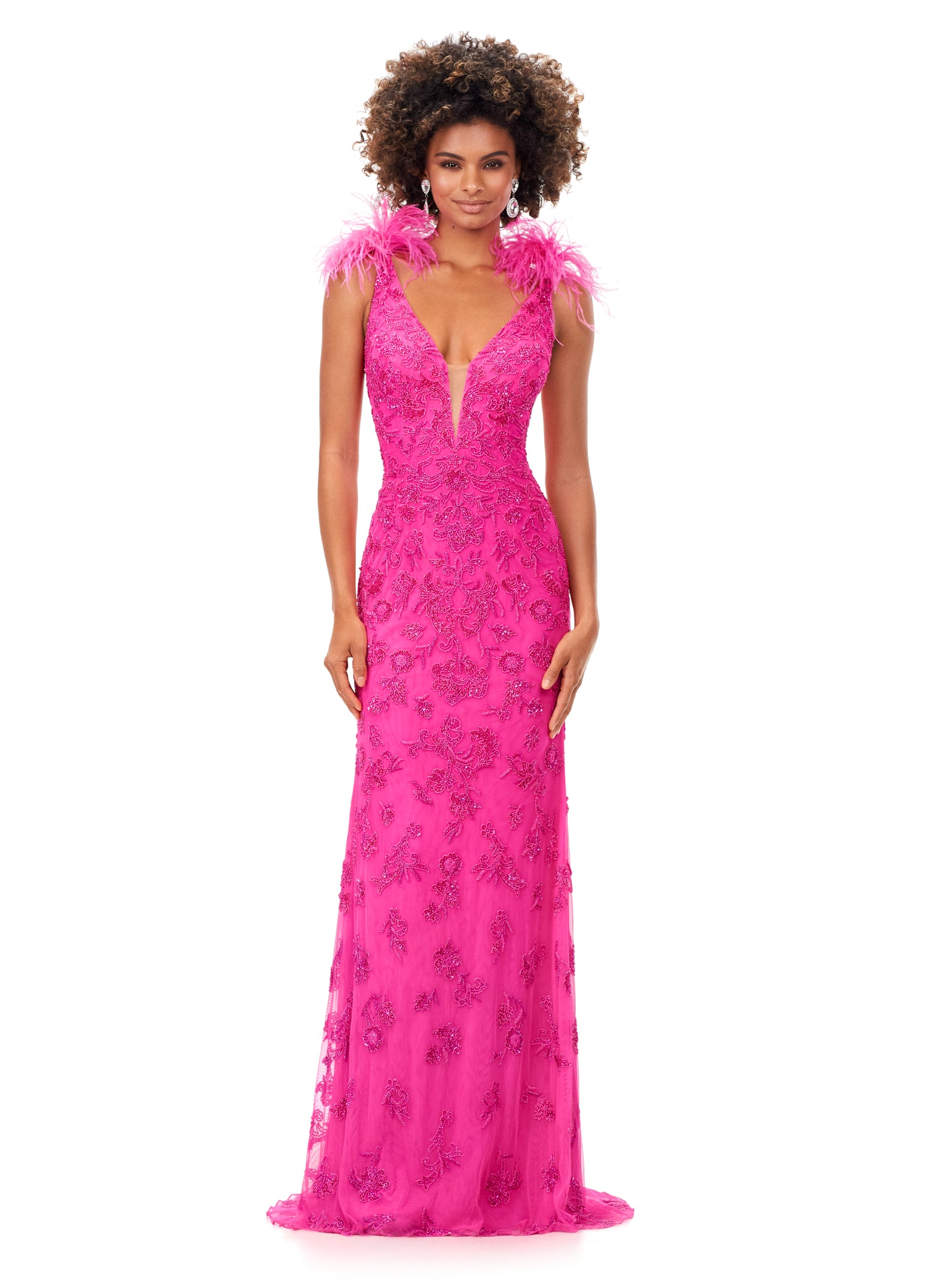 Ashley Lauren 11349 Beading and feathers! This style features a v-neckline complete with feather shoulder details. Gorgeous beading is scattered throughout the gown. V-Neckline Feather Shoulders V-Back Sweep Train COLORS: Hot Pink, Ivory, Sky, Black