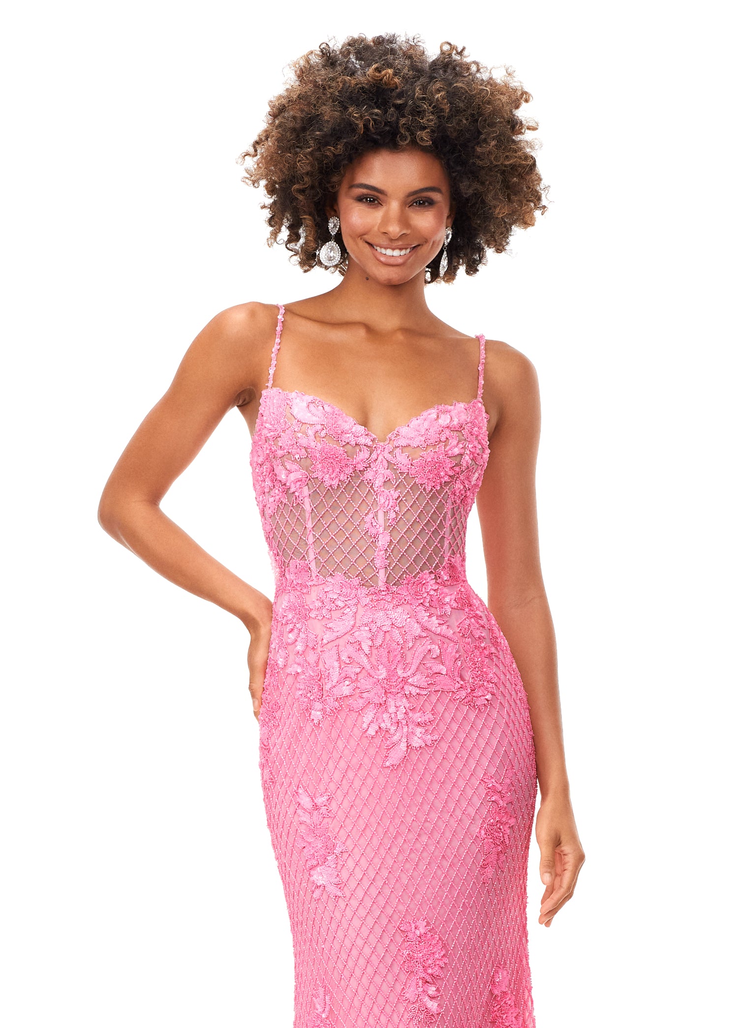 Ashley Lauren 11362 Candy Pink Fully Beaded Spaghetti Strap Prom Dress front close up