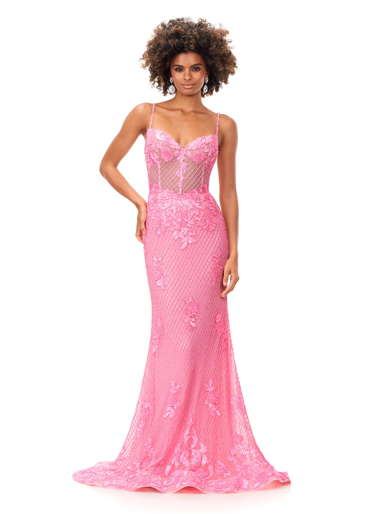 Ashley Lauren 11362 Candy Pink Fully Beaded Spaghetti Strap Prom Dress front