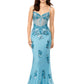 Ashley Lauren 11362 Sky Blue Fully Beaded Spaghetti Strap Prom Dress  This spaghetti strap gown features a sweetheart neckline giving way to a sheer illusion bustier. The bustier is embellished with intricate sequin details that cascade down onto the skirt and hemline. The look is complete with a sweep train.