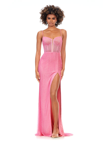 Ashley Lauren 11369 This Candy Pink liquid beaded style features an exposed bustier that is sure to accentuate your curves. The look is complete with sweep train and left leg slit.