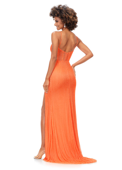 Ashley Lauren 11369 This Coral liquid beaded style features an exposed bustier that is sure to accentuate your curves. The look is complete with sweep train and left leg slit.