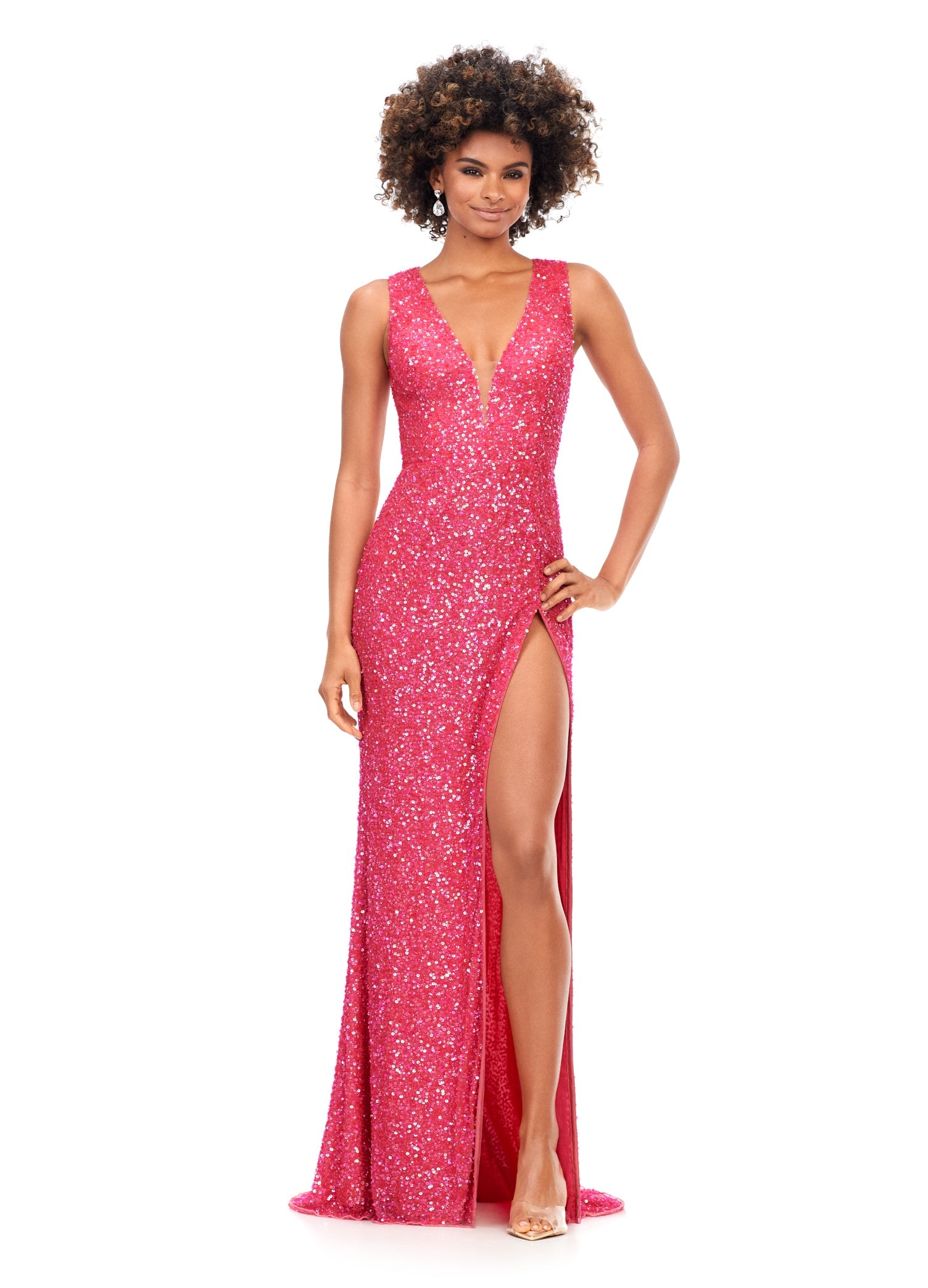 Ashley Lauren 11373 Lace Up Back Fully Beaded Prom Dress Evening Gown  You're sure to stun in this lace-up open back gown! Offered in a multitude of vibrant colors, this fitted v-neckline gown with a left leg side slit is sure to turn heads.