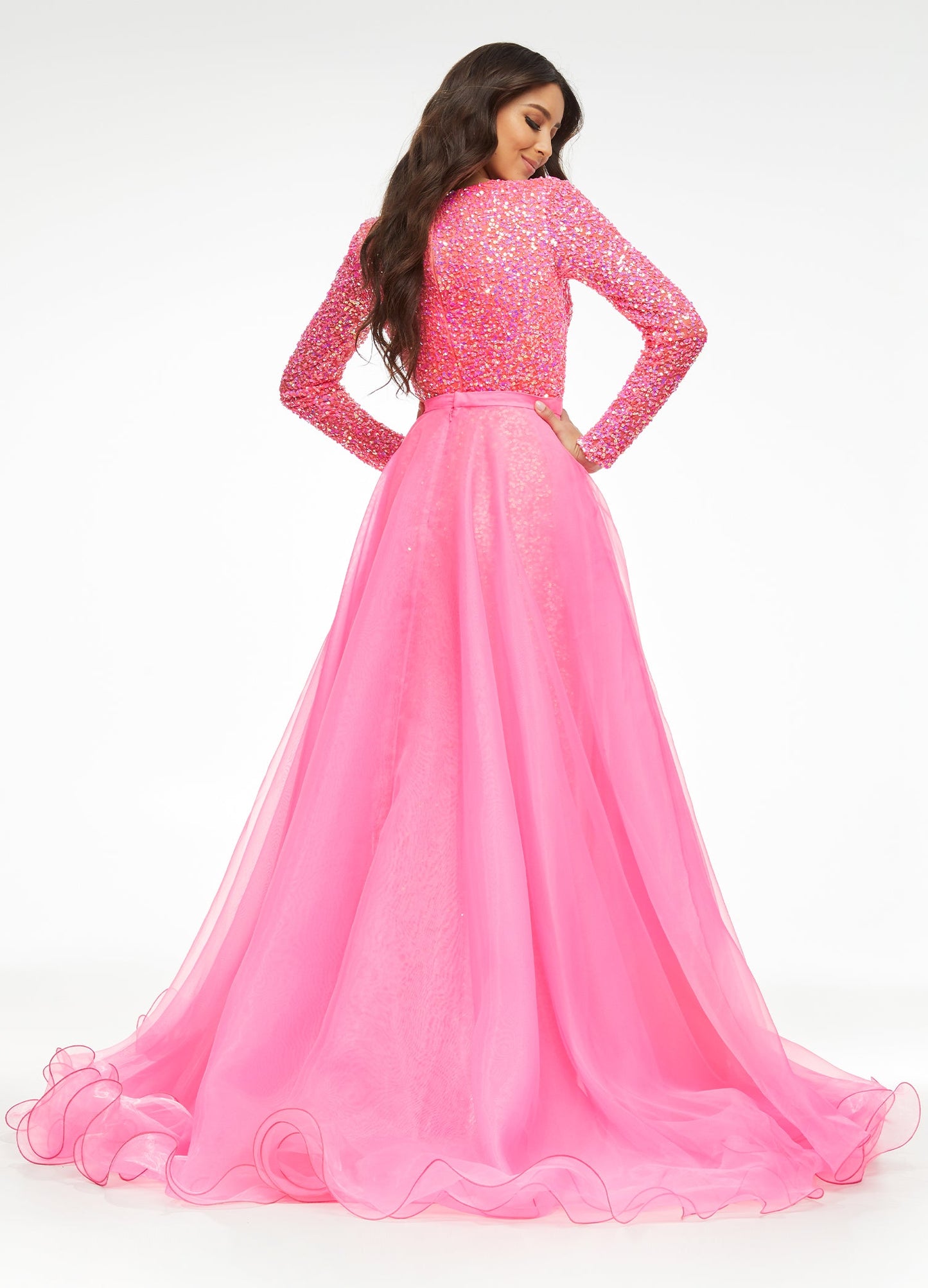 Ashley-Lauren-1740-hot-pink-overskirt-back-layered-organza-wire-hem