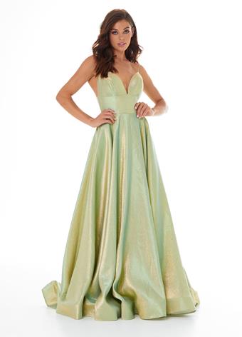 Ashley Lauren 1937 Lime Gold Prom Dress-Front-Iridescent shimmer-brocade-a line at Glass Slipper Formals