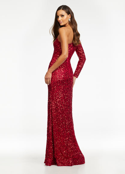 Ashley Lauren 1977 Electric Red Prom and Formal Evening Wear Pageant Dress.  Fitted hand beaded pageant gown featuring one sleeve and a left leg high slit. The long skirt on this evening gown is finished with horsehair trim for fullness. Makes an excellent pageant gown.   Electric Red size 8