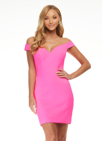 Ashley Lauren 4444 Size 2, 12 Hot Pink Cocktail Dress Scuba Off the Shoulder Homecoming Dress
