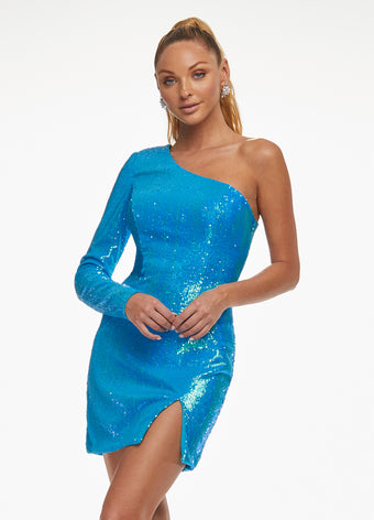 Ashley-Lauren-4455-Neon-Blue-Homecoming-Cocktail-Dress-Front-Sequin-One-Long-Sleeve-Short-Slit